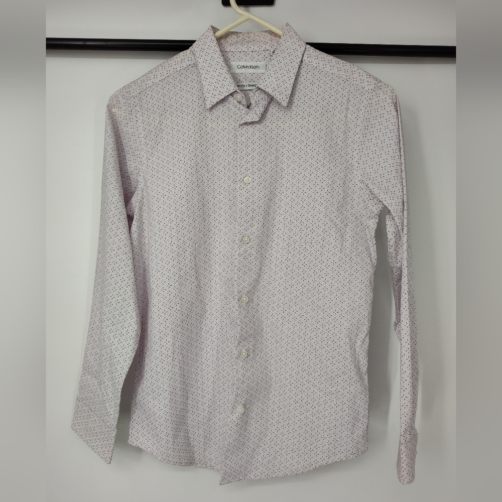 Calvin Klein Slim Fit+Stretch Kids Lt Purple Micro-Print Button Down Shirt Sz 14